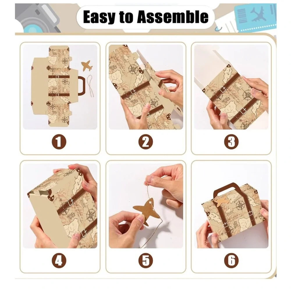 10pc GIFT BOX 🧳 Travel Favor Box Vintage Map Party Favor Box w/ Airplane Tag DIY